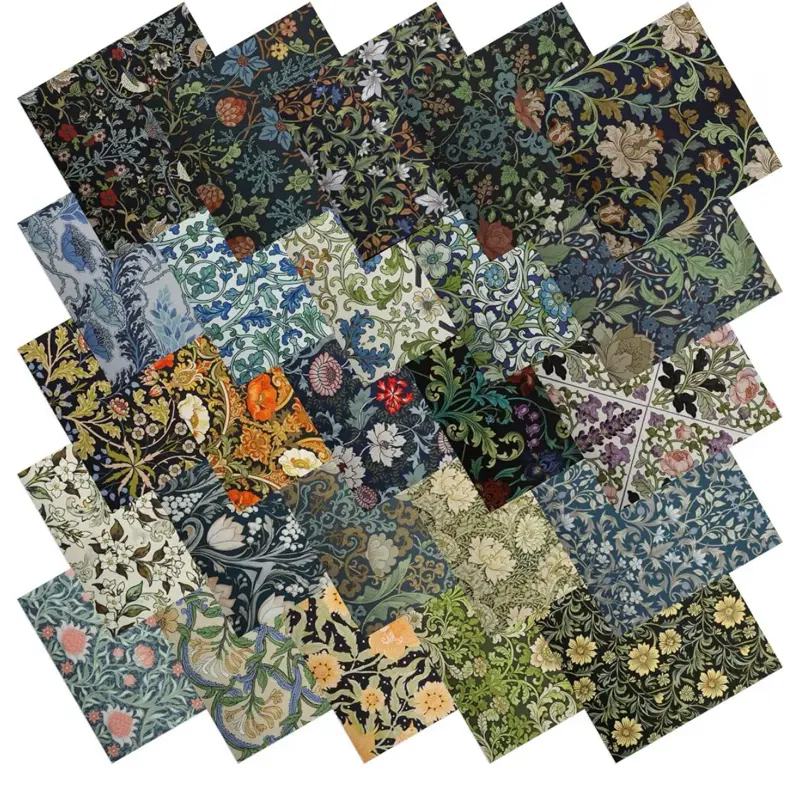 25 Pcs William Morris Cotton Fabric Squares, 10 x 10 Inch, Floral | Precut quilting cotton, 25 assorted vintage floral