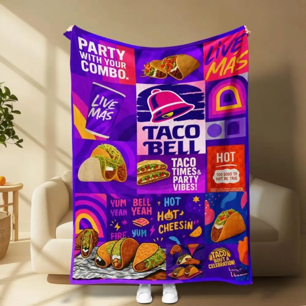 Taco Bell party style throw blanket, featuring vibrant Mexican food print, soft and cozy fabric, perfect for bedroom, living room, office, travel or camping, a fun gift and collectible for taco lovers and fast food fans Christmas gift DreamyDwell Textiles