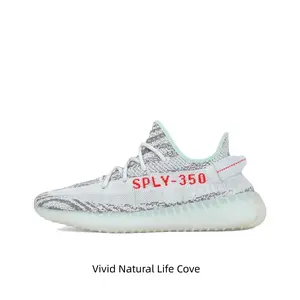 Grey, White and Ice Blue Knit Low-Top Sneakers with Red SPLY-350 Lettering and Translucent Cushioned Midsole