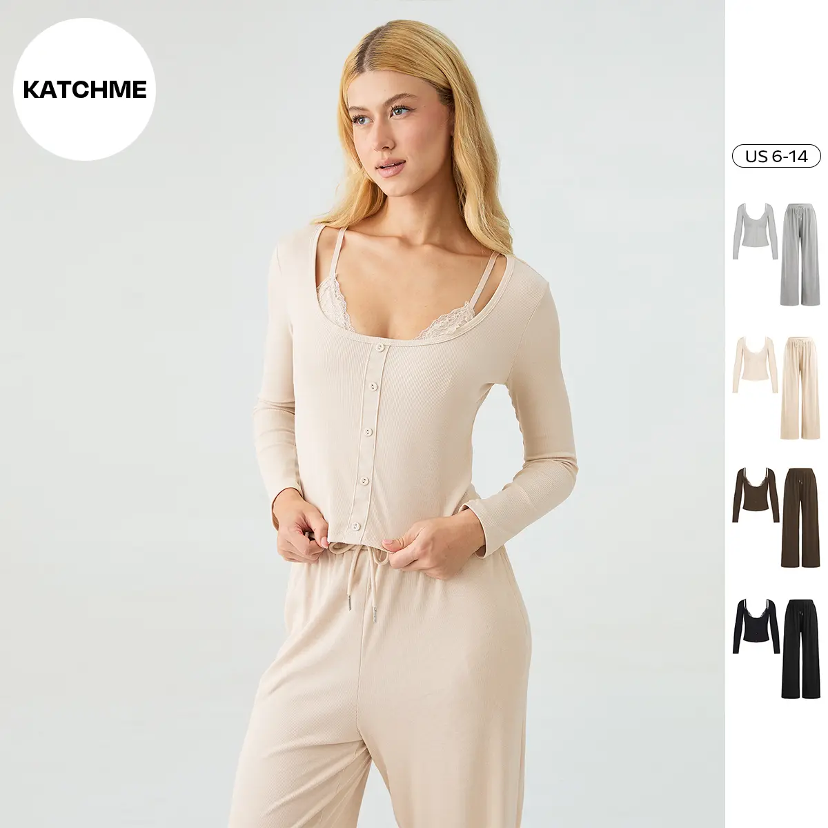 KatchMe Women's Elegant U-Neck Long Sleeve Top & Drawstring Waist Trousers with Lace Trim Camisole Three-Piece Set, Comfort Set for Lady, Minimalist Womenswear