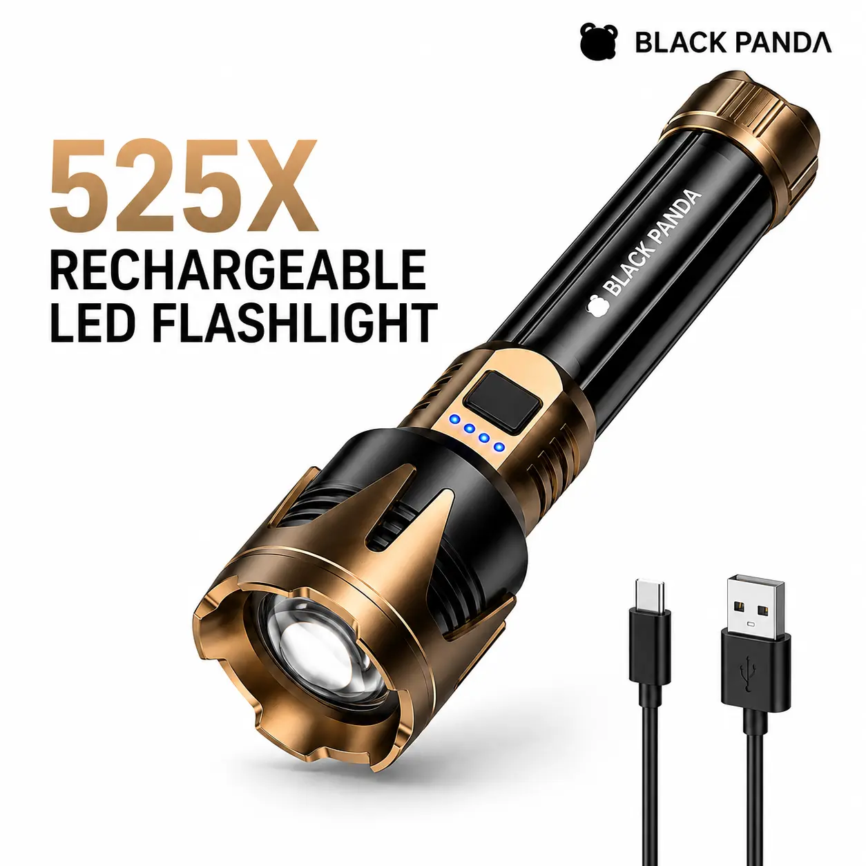 BLACK PANDA 525X Rechargeable LED Flashlight, High-Lumen Zoomable Torch with 5 Lighting Modes, USB-C Charging, 4-Level Power Display, Reversible Crown Bezel and Aluminum Body for Camping, Hiking, Emergency and Outdoor Use