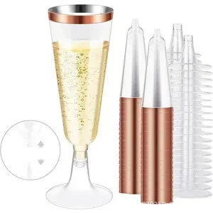 Gold/Rose Gold Plastic Champagne Cups, 25/50 Pieces, Disposable Party Glasses, Wedding Toasting Flutes, Elegant Stemmed Wine Cups
