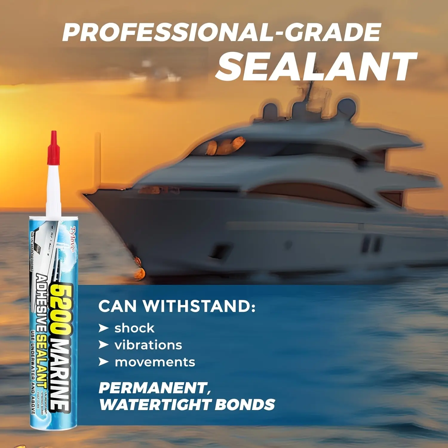 5200 Marine Sealant Liquid Sealer - Fast-Cure (30 Mins), Waterproof, UV-Resistant, Low-Odor High-Bond Adhesive with Gloves & Nozzle for Boats, RVs, Fiberglass, Wood/Metal Hulls & Decks