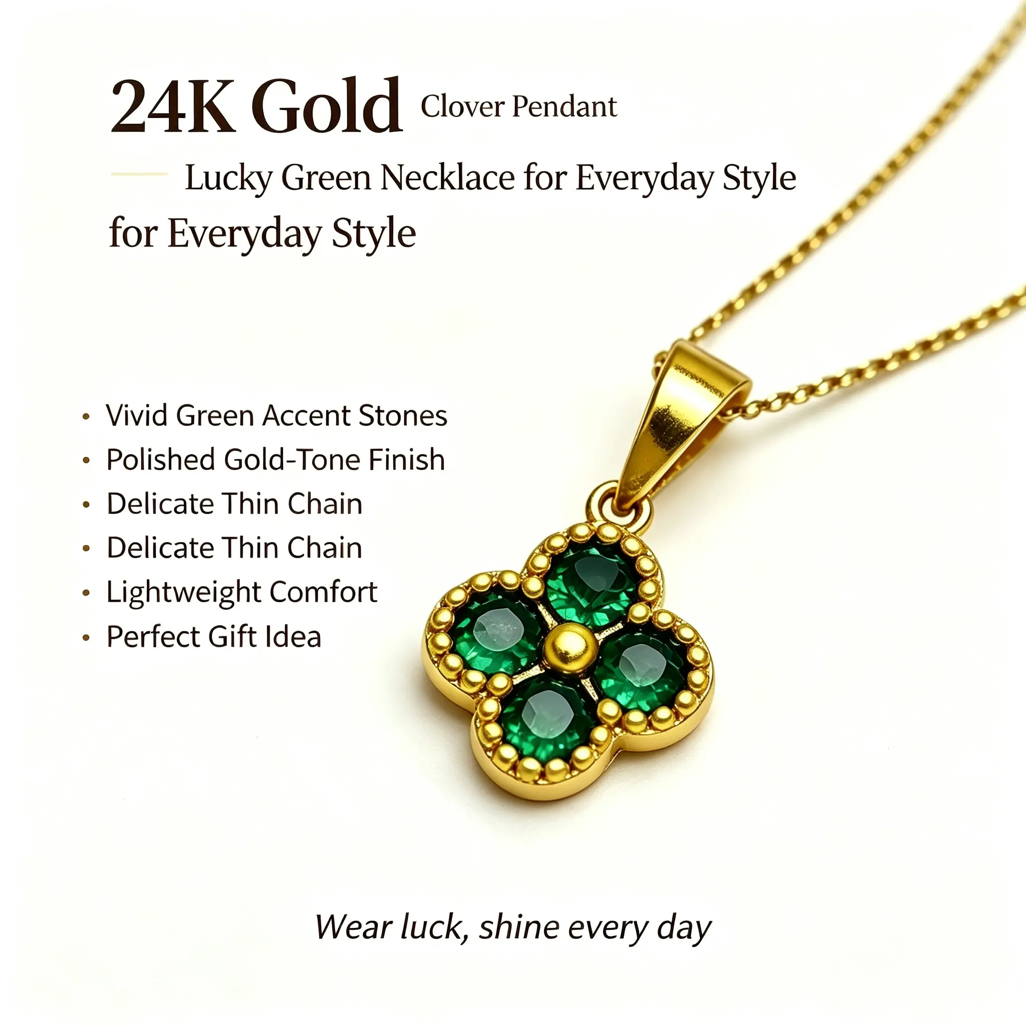 Women's 24K Gold-Plated Green 4-Leaf Clover Lucky Charm Pendant Necklace - Fashion Costume Jewelry Charms & Pendants Accessory, Versatile Gift for Birthday Ideas, Thanksgiving, Mom, 21st Birthday