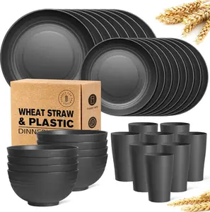 32 | 16-Piece Kitchen Plastic Wheat Straw Dinnerware Set, Service for 8 | 4, Unbreakable & Modern Dish Set - Dinner Plates, Dessert Plates, Cereal Bowls, Cups, Black, for Apartments, Outdoor Camping, and Everyday Use Serving Home