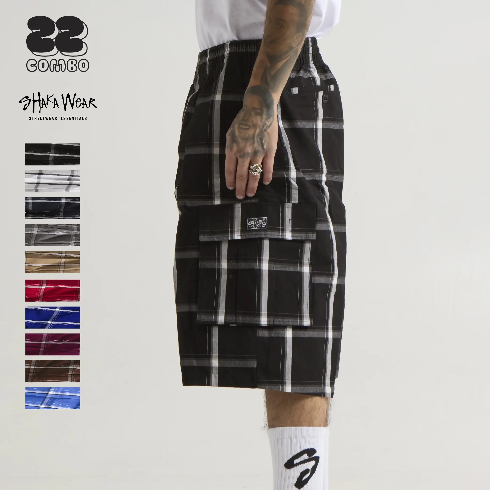 SHAKA WEAR Men's Checked Flannel Shorts - Soft Breathable Cotton, 6-Pocket Casual Hip Hop Big & Tall Menswear, Chic Preppy Sweet Plaid Plus-Size Bottoms for Halloween Thanksgiving Easter