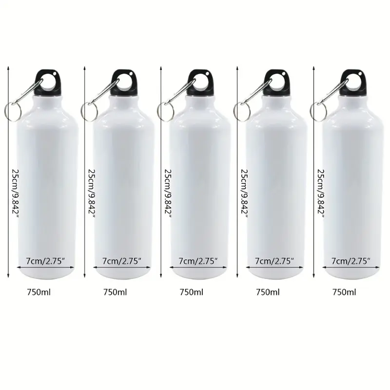 5-Pack White Blank Aluminum Alloy Sublimation Water Bottles (25.36oz) - Sublimation Ready, Portable, Carabiner Hook Included for Camping & Hiking Use