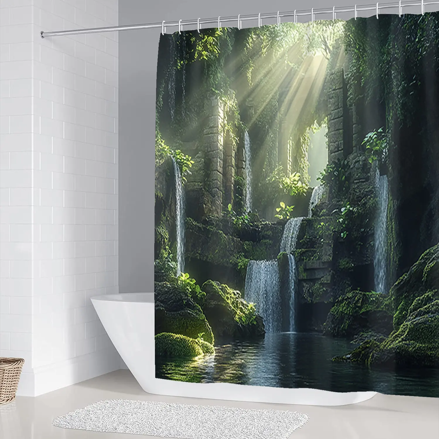 Waterfall Sun Pattern Shower Curtain Set with Rug, Non-Slip Bath Mat, U-Shaped Toilet Lid Cover Pad, Modern Home Decor Accessories, Aesthetic Shower Curtain, Summer Shower Curtains for Bathroom