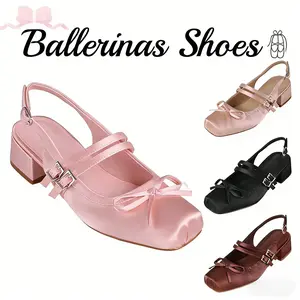 Square Toe Mary Jane Heels Pink Silk Bowtie Pumps Sweet Ballerina Shoes for Women & Girls Elegant & Stylish