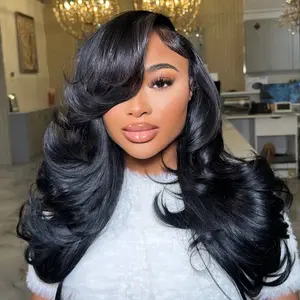 Salon Style at Home-Sunber Pre-Styled Body Wave Lace Frontal Wig with Side Bangs Layered Cut Human Hiar Wigs-No-Fuss, Glueless & Ready to Wear Wig Pre Cut Pre Bleached Pre Plucke 180% Density