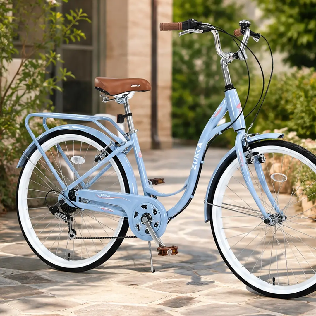 24 Inch Ladies Comfort Bike 7 Speed Steel Frame Step-Thru City Cruiser Bicycle for Women Commuting Leisure Riding Multiple Color Options Blue Beige Green Yellow, Beige/Blue/Garden & Outdoor/Green Color Options, Steel Material
