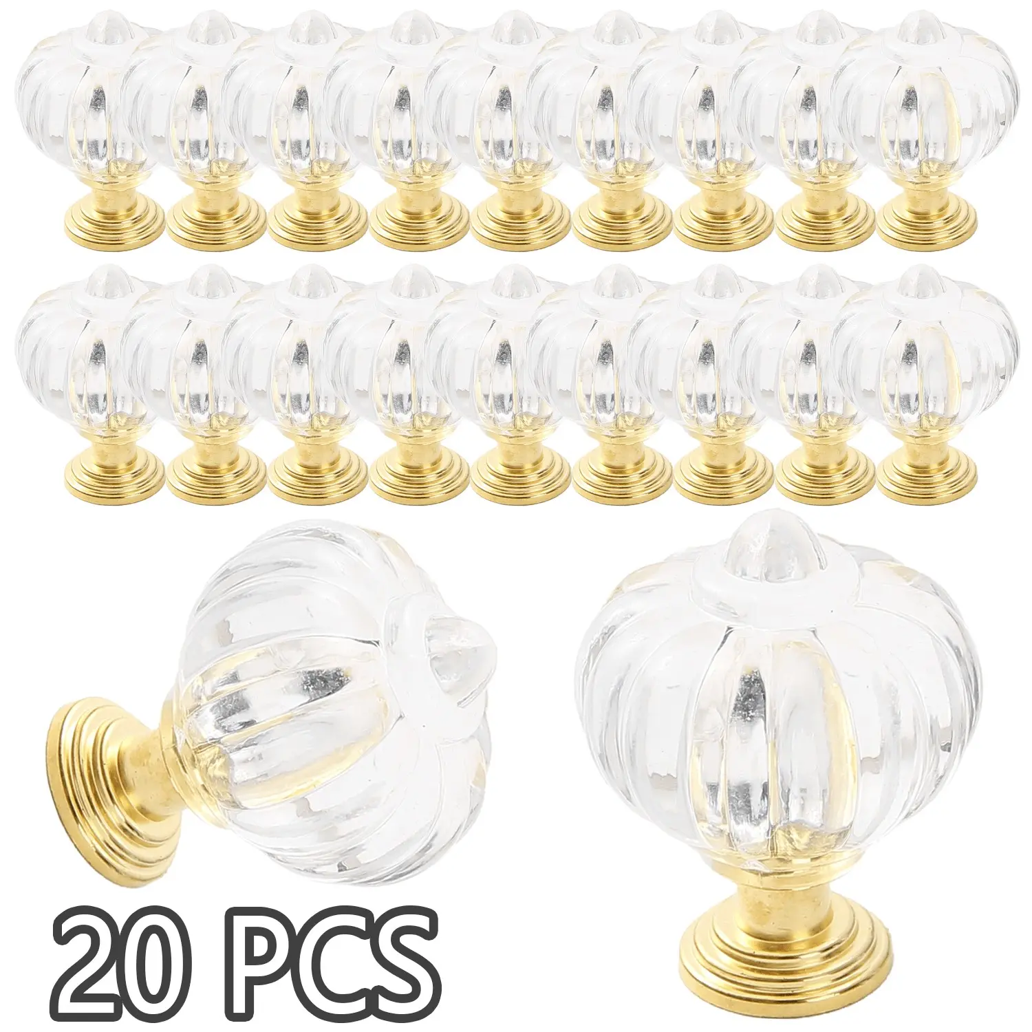 20 Pcs Clear Pumpkin Acrylic Drawer Knobs with Brushed Gold Base – Lightweight Acrylic Pulls with Screws, Pumpkin Cabinet Handles for Kitchen, Bathroom, Bedroom Furniture Upgrade and Home Decor Accents, Door Knobs Interior, Door Hardware