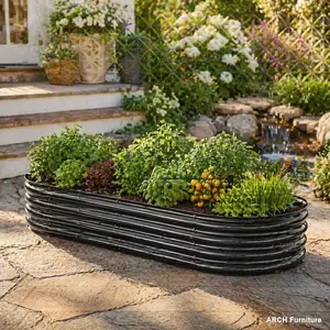 Oval Large Galvanized Rustproof Metal Raised Garden Bed with Rustproof Coat, Oval Form Raised Planter for Plants, Vegetables, Elevated Planting Boxes with Kit Assembly, ARCH Black Outdoor Planter,summervibes