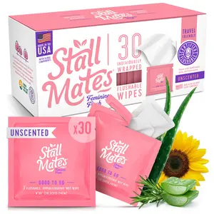 Stall Mates Feminine Fresh: 30 on-the-go flushable wipe singles (PH-Balanced), Individually Wrapped with Rosemary Sunflower & Aloe Vera, Great for Gym, Purse, Travel, Outdoors, Camping, Events. Concerts & Sensitive Skin