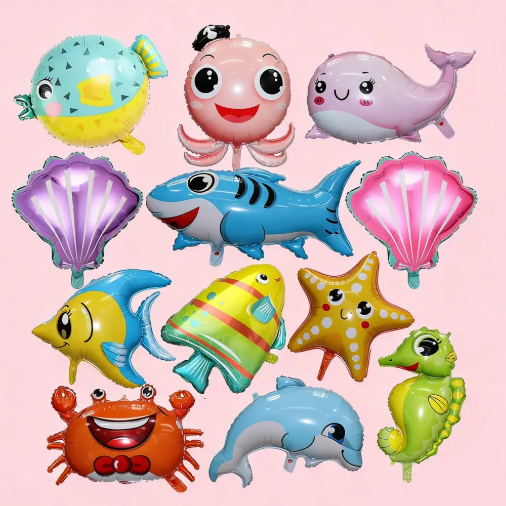12-Pack Reusable Large Aluminium Marine Animal Foil Balloons with Pump - Octopus Set, Crab Designs for 8-12 Years Daughters' Beach Birthday, Graduation Party Decor