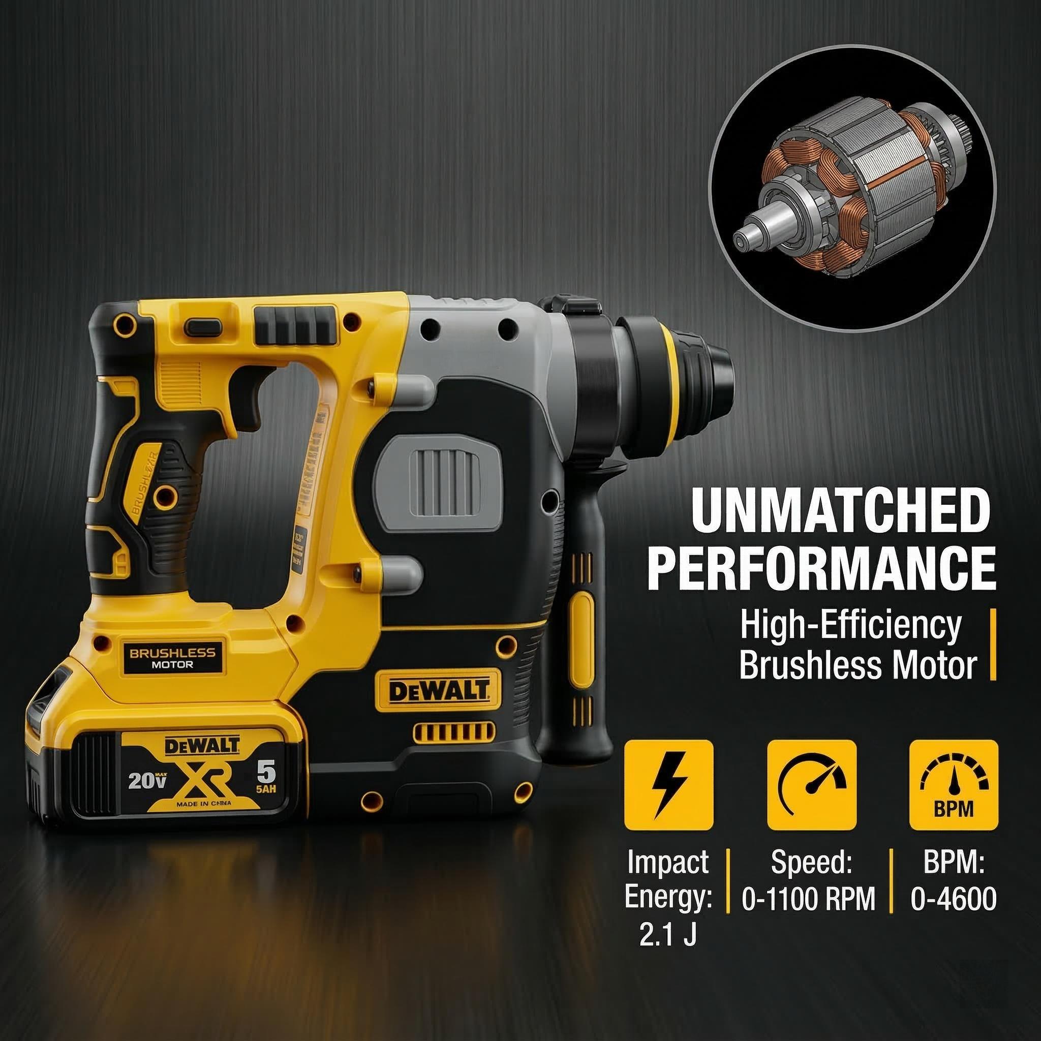Dewalt DCH273 Rotary Hammer Drill Kit – Brushless Motor, 20V Battery – For Concrete, Wood & Metal Drilling – Lightweight with 2.4J Impact Energy & Variable Speed