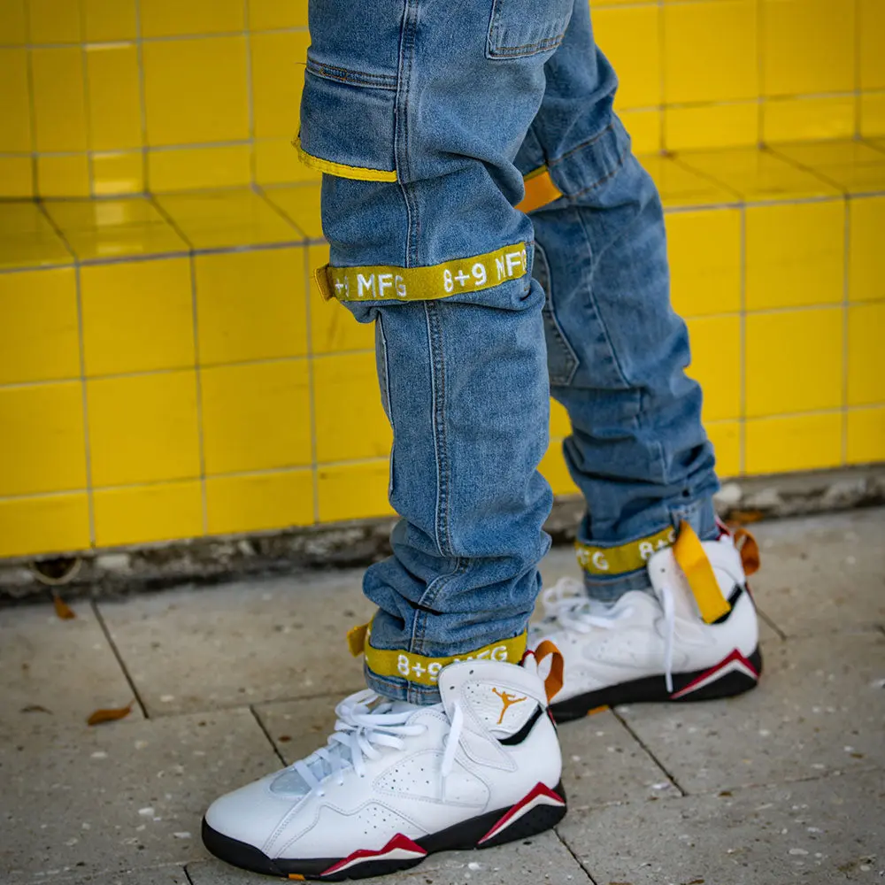 Strapped Up Slim Utility Medium Washed Jeans Yellow Strapped Up Slim Utility Medium Washed Jeans Yellow