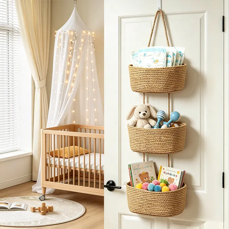 Over the Door Hanging Basket, 3-Tier Woven Cotton Wall-Mounted Storage Organizer Bag Decorative Hanging Nursery Baskets, Perfect for Busy Mom/Dad to Store Diapers & Toys small basket Gift Hook house organizers, Jute,back to school,back to school haul