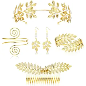 LOYALLOOK 5 Sets Grecian Goddess Costume Accessories Set Greek Leaf Headband Coil Bracelet Artificial Pearl Earrings Golden Leaves Bridal Hair Comb for Women Wedding Party Jewelry Prom