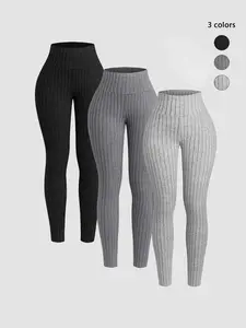2026 Women's Solid Ribbed High Waist Skinny Pants, Casual Comfy Warm Leggings for Daily Wear, Ladies Bottoms for All Seasons