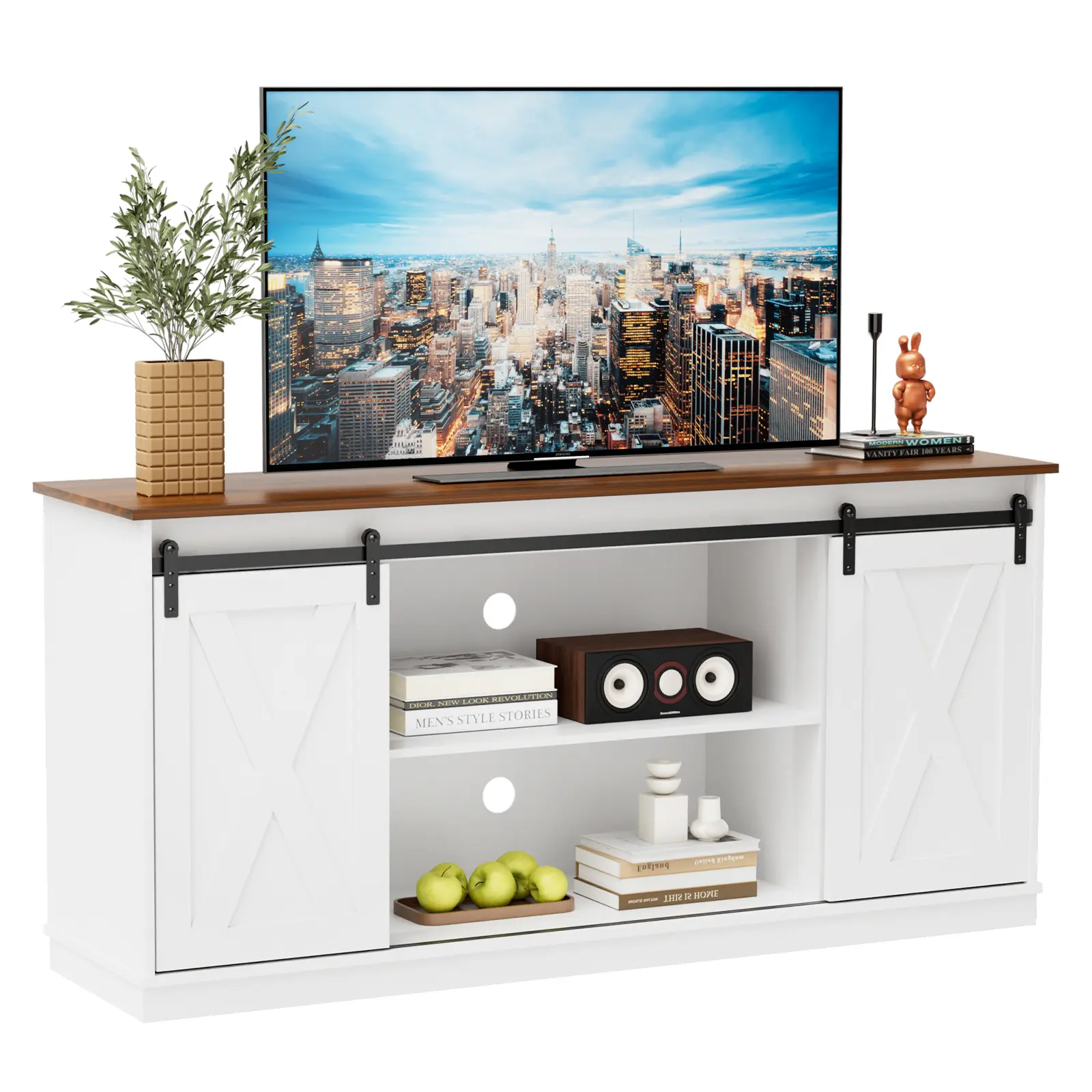 65-Inch Farmhouse Wooden Television Stand - Indoor Furniture Entertainment Media Console with Storage Cabinets, Sliding Barn Doors, Modern Living Room TV Stand, Television Stands, Wooden Tv Stand,dorm essentials,home decor