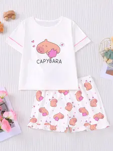 Capybara Water Buffalo Kids Pajama Set, Fire Retardant Summer Sleepwear, Round Neck Pajamas Short Sleeve Elastic Waist Shorts, Cute All over Print, Pajamas Loungewear