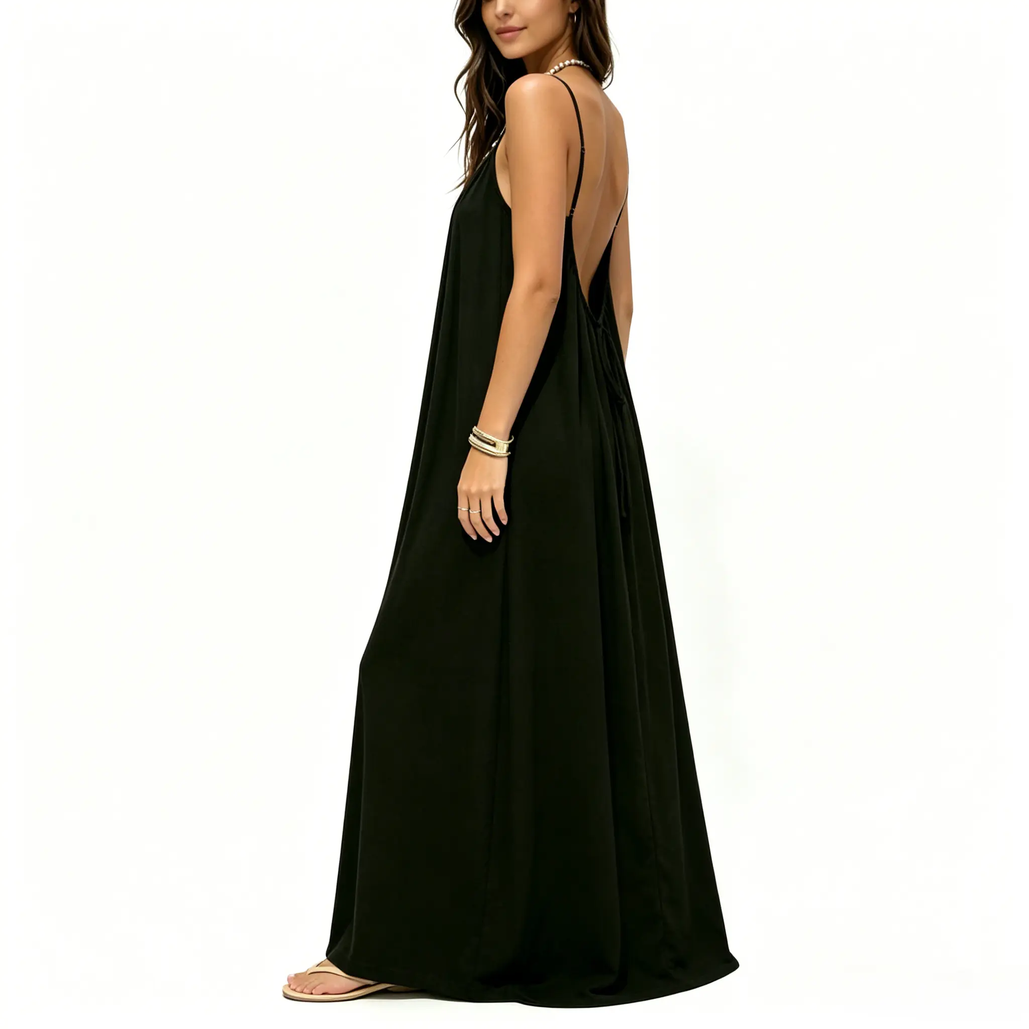Women's Tie Backless Maxi Dress | Ice Silk Crinkle Summer Vacation Casual Dress Womenswear Basic Minimalist Sleeveless
