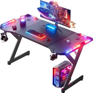 Gaming Desk with LED Lights, Home Office Gamer Desk, Ergonomic Computer Table with Large Carbon Fiber Desktop, Office Workstation, Cup Holder & Headphone Hook