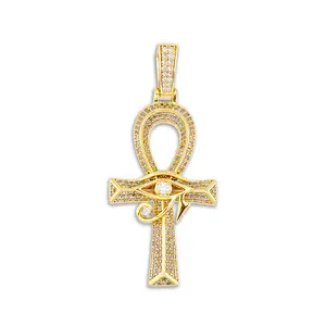 Unisex Hip-hop Horus Eye Ankh Cross Statement Necklace - Copper Base Full-Drill Zircon, 24" Chain, Vintage Versatile Costume Jewelry Accessory (Ancient Style, Chain Accent, Religious Pendant Necklaces), Statement Necklaces