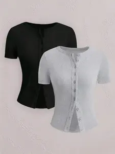 Trendy Women's Short Sleeve Cardigan, Spring Summer Fashion, Versatile Solid Color Design, Stylish Button Detailing