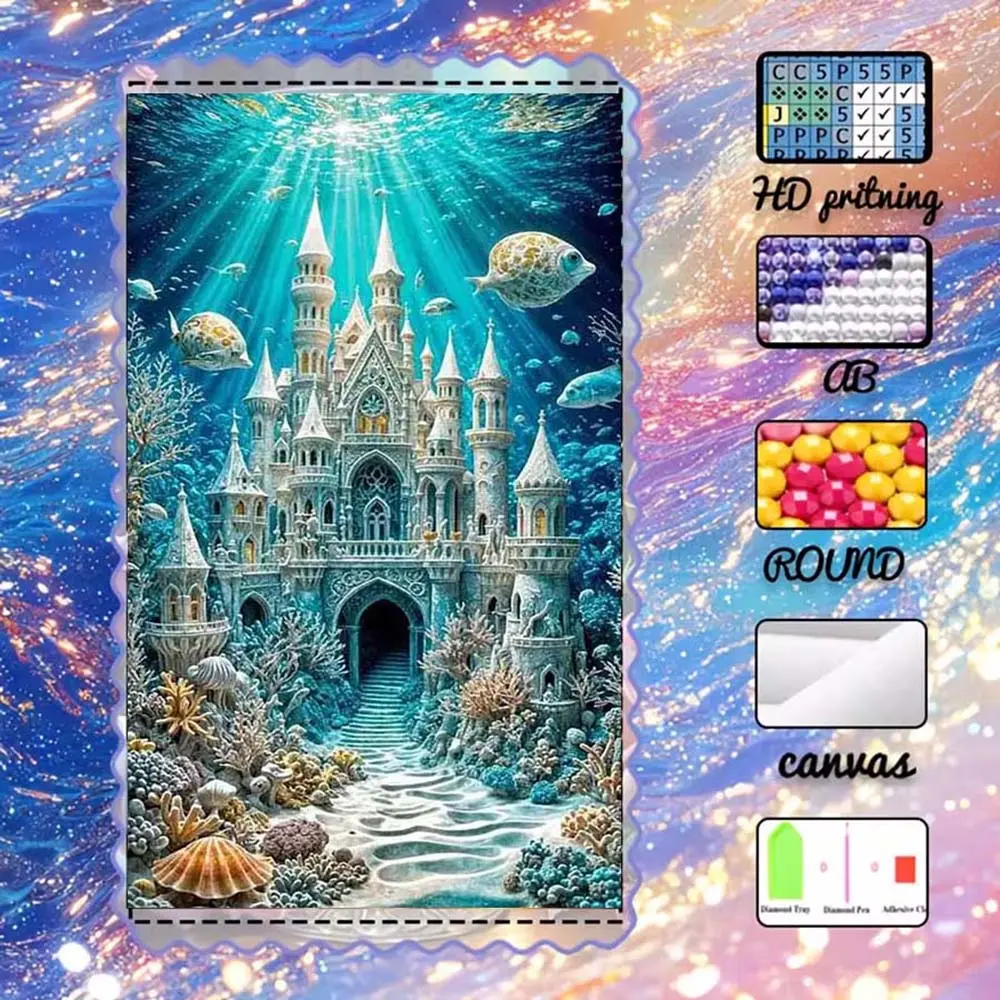 DIY 5D flocked diamond painting kit, AB drills, fairy dust drills, crystal drills, castle, ocean, fish, diamond embroidery, special craftsmanship art kit, Handicraft, wall decor, gift for family, loved ones, friends, Handmade Gifts, DIY Kits