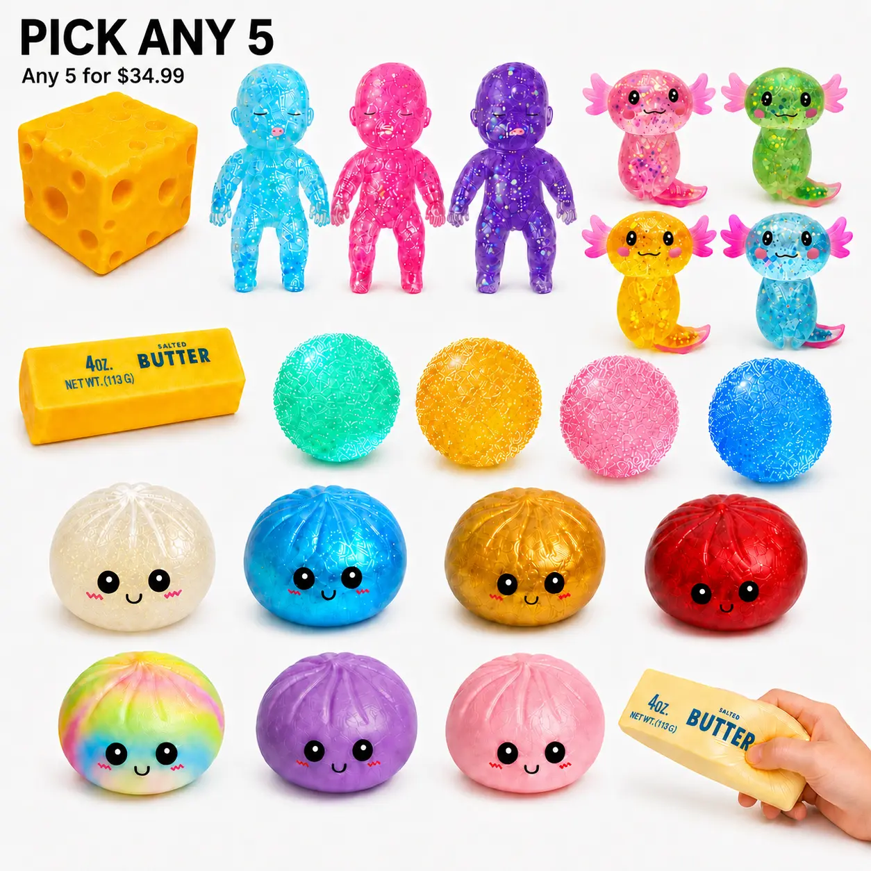 [Dealsforyou] 5pcs Kawaii Mini Food Squishy Stress Relief Toys Box Set - Random Pick from 10+ Designs (Bun, Dumpling, Cheese), Dumplings Stress Balls for Kids, Classroom Prizes, Desk Play, Summerwins, Restock, DFYD, Squishies