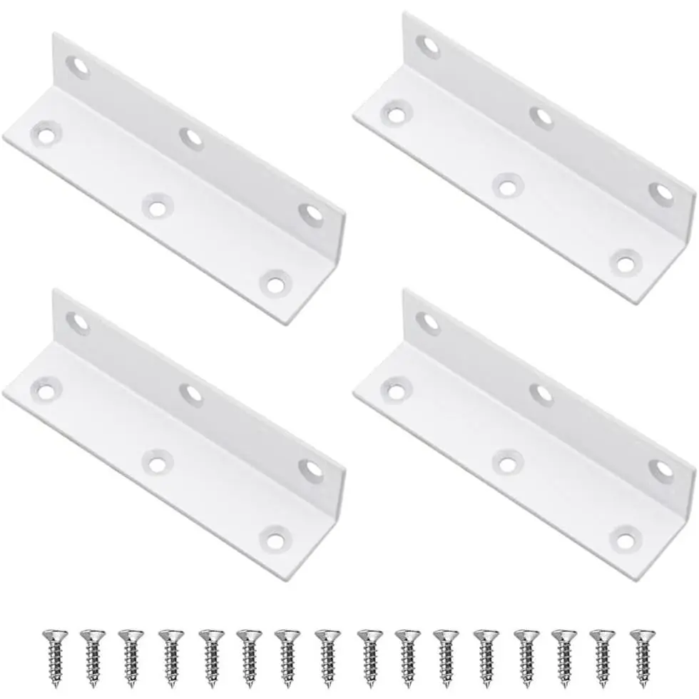 L Brackets, 4 count Corner Brace Angle Bracket, Superior Stainless Steel, 4'' x 1'' M, 2mm Thickness,  Shelf, Furniture, Cabinet Corner Brace with Screws (White)