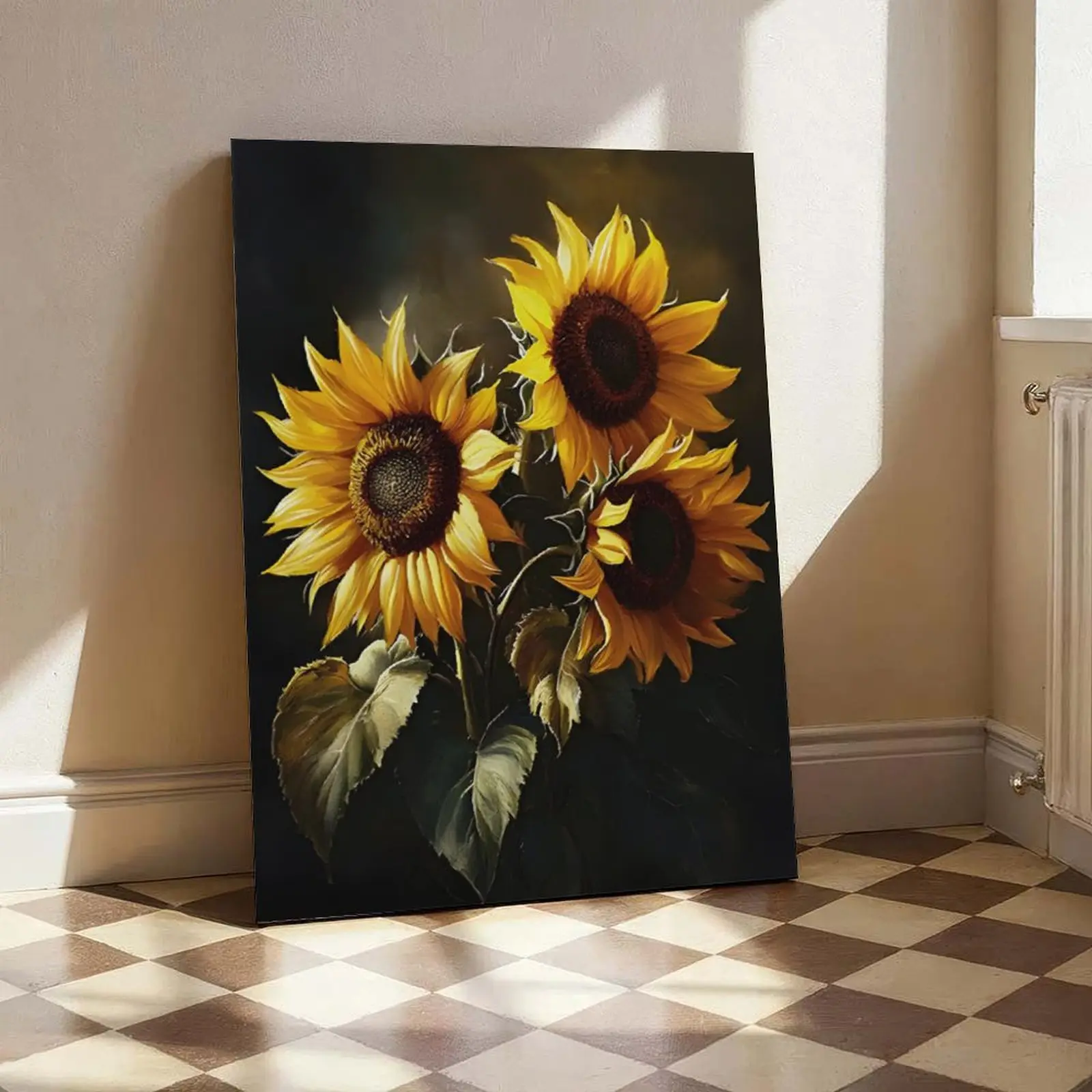 Large Square Sunflower Framed Canvas Oil Painting - Artistic Elegant Frame-Style Indoor Wall Decor, Floating Ornament for Living Room, Bedroom, Home Supplies Posters & Prints That Boosts the Workspace Environment