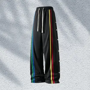 Men's Spring/Fall Black Colorblock Striped Buttoned Casual Pants with Multicolor Woven Tape Side Button Design Eye-catching Streetwear Loose Straight Fit Versatile Street Style Personalized Trendy Outfit Menswear Stylish casual comfy loose fitting trouser