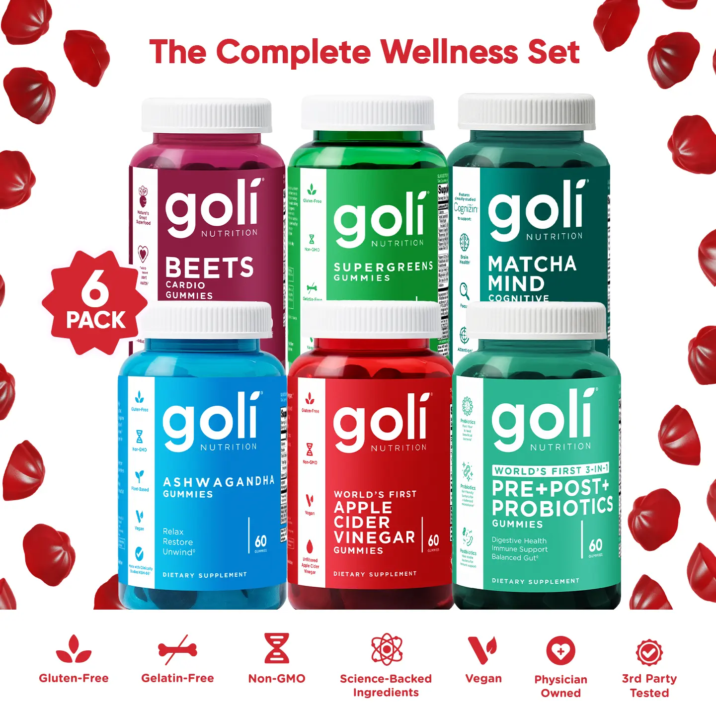 Goli Complete Wellness Bundle (6-Pack) - World's First 3-in-1 Pre, Post, Probiotic, Apple Cider Vinegar & Vitamin B12, Ashwagandha KSM-66 & Vitamin D, Matcha Mind, Beets Cardio, Super Greens Gummies, Vegan, Plant-Based, Non-GMO, Gluten-Free & Gelatin-Free