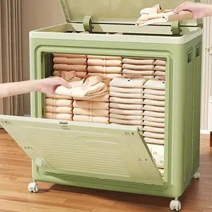 Large-capacity foldable wheeled storage bin with doors - heavy-duty rolling organizer, suitable for toys, clothes, blankets - plastic storage container, ideal for rooms, pantries, attics, and basement organization, storage box for categorized sorting.