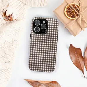 Plaid pattern phone case compatible with iPhone 16, 17 Pro Max |   Adorable dark coffee brown autumn design, providing shockproof and drop protection, making it the perfect gift for family, friends, and loved ones. Cellphone Cover Casing Screen Protector