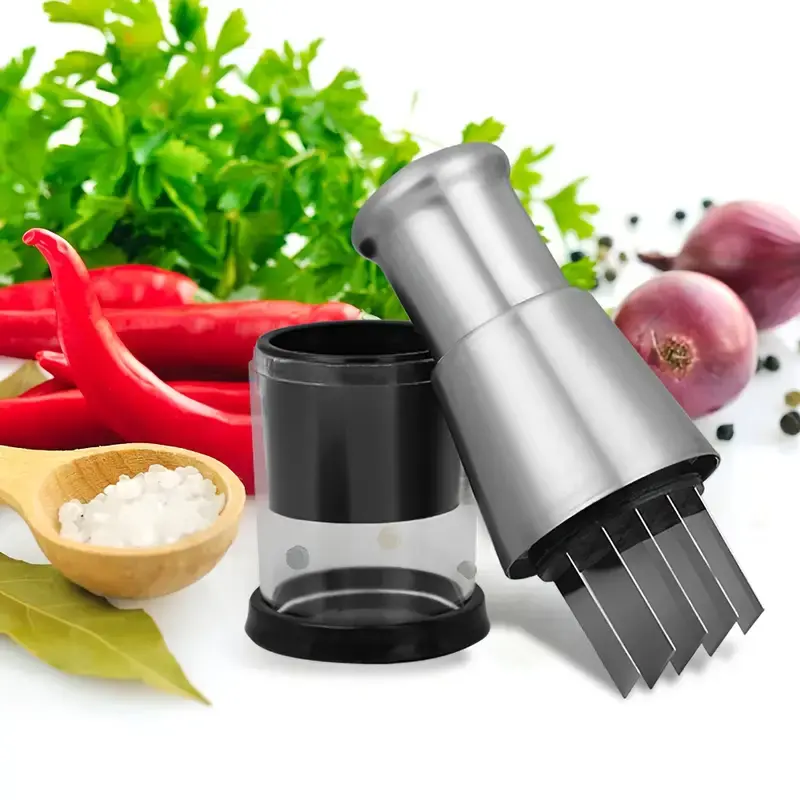 Handheld garlic chopper with multiple blades for food processing, capable of chopping garlic, onions, chili peppers, and nuts, safe and convenient for washing dishes, no need for electricity, rust proof materials, manual food preparation, outdoor cooking