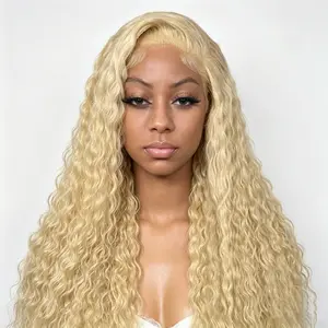 613 Honey Blonde Color Lace Frontal Wig Water Curly HD Transparent Brazilian Remy  Deep Wave Front Synthetic Fiber Hair Wig for European and American Women