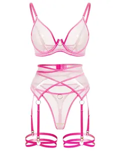 Noir Bondage Fantasy: Sheer Mesh Strappy Buckle Lingerie Set for Bold At-Home Evenings