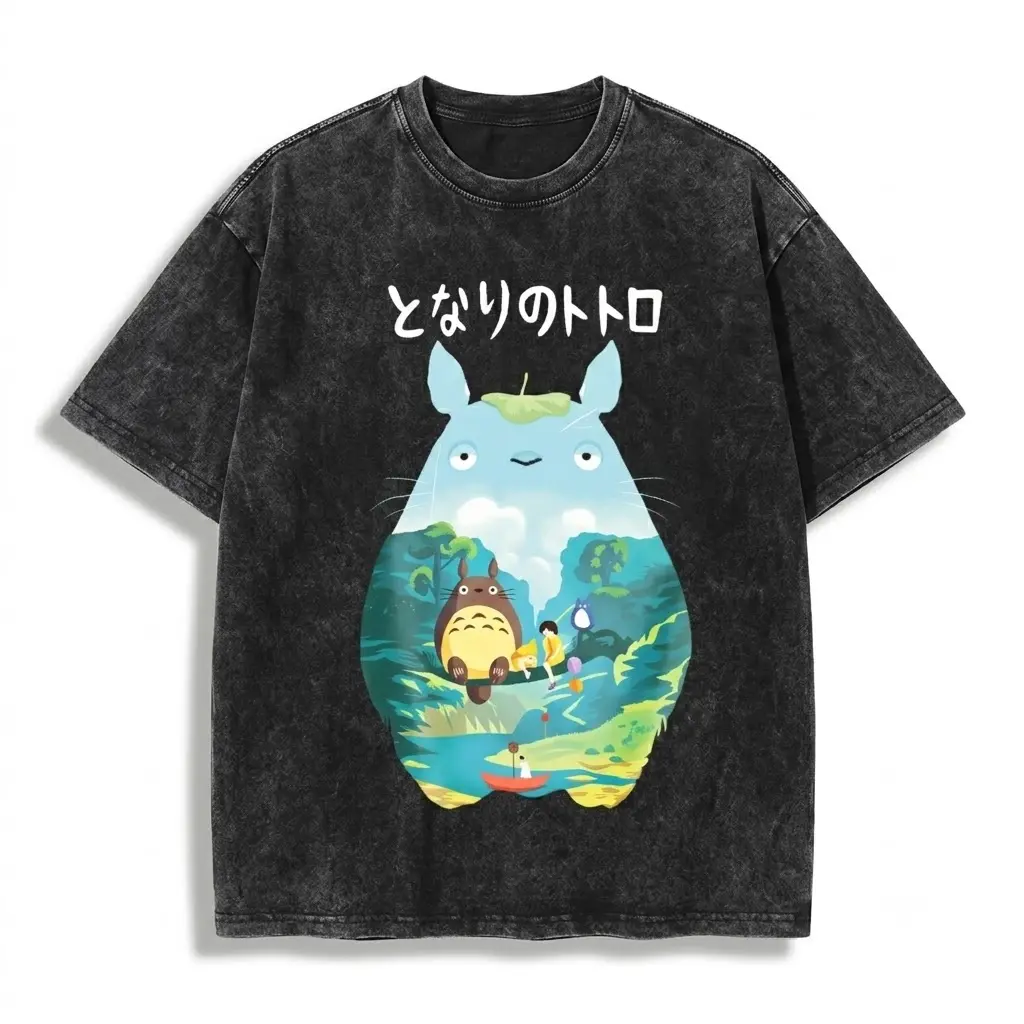 Men's Vintage Acid Wash Totoro-Inspired Aesthetic Graphic T-Shirt, Studio Ghibli Anime Oversized Seamless Short-Sleeve Streetwear Garment, Retro Forest Cartoon Casual Apparel Crewneck Top, Shortsleeve, Classic, Fabric, Soft, Cotton, Ribbed, Stylish, Cloth