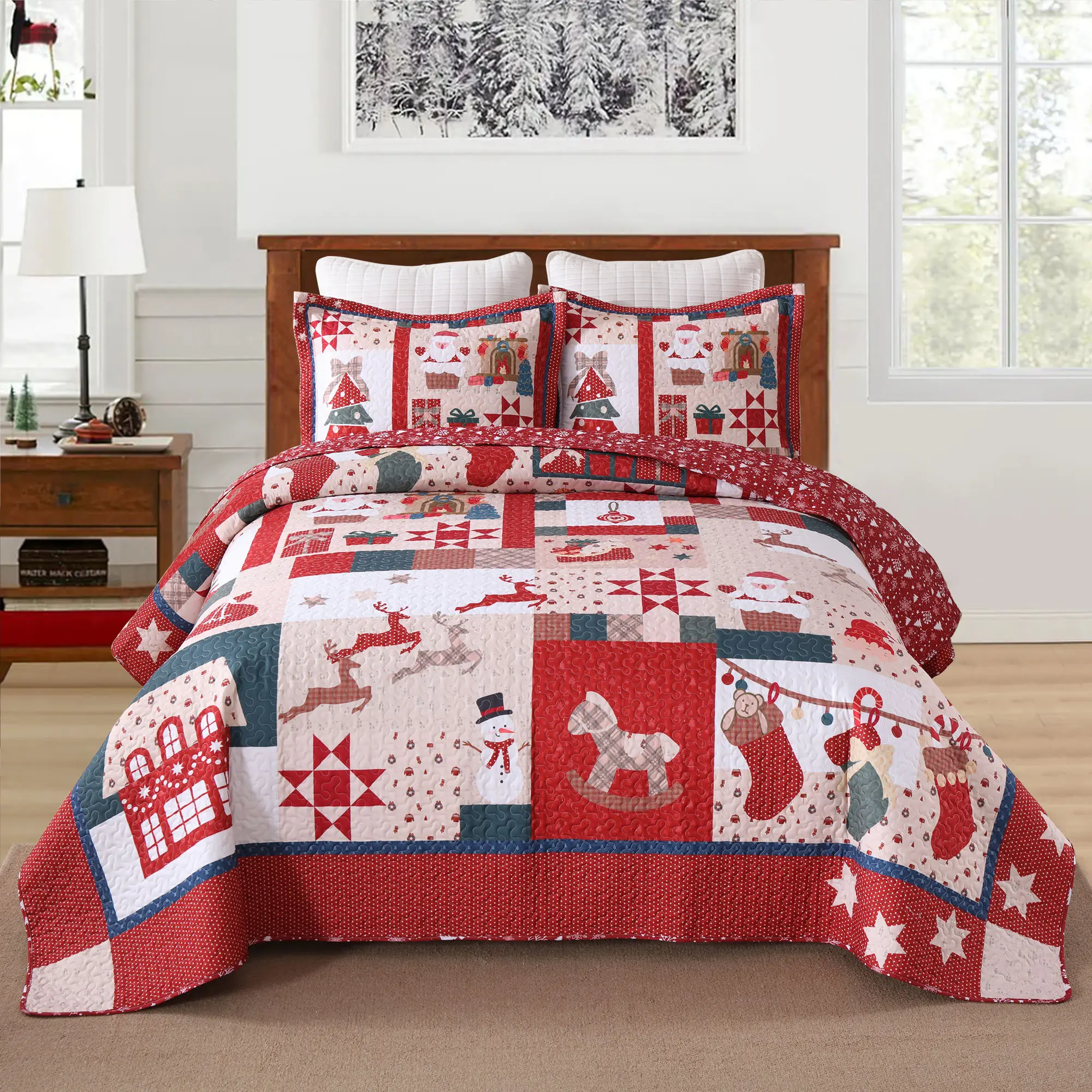 Vintage Christmas Deer Print Soft Bedding Set - 2/3-PC Reversible Folk Art Quilt, Traditional Patchwork, Breathable, Durable, Fade-Resistant, Machine-Washable for Cozy Holiday Decor Needs