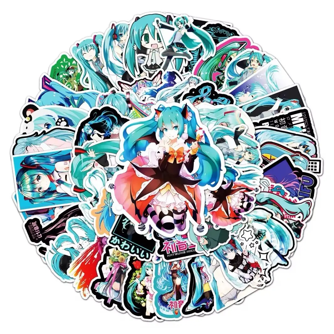 Hatsune Miku Sticker - Unique Design with Blue Hair and Character Elements, Featuring Various Anime Themes