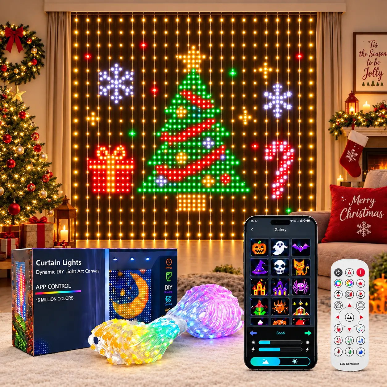 Smart RGB LED Curtain Lights - DIY Custom Text & Pattern Display, App & Remote Control, Music Sync, Dimmable & Timer, USB Powered, IP65 Waterproof Lights for Christmas, Bedroom, Party, Indoor & Outdoor Decor
