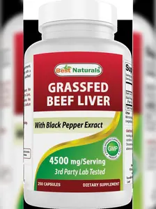 Best Naturals Grass Fed Beef Liver Capsules 4500mg 250 Count - Desiccated Supplement - Energy Production, Detoxification, Digestion, Immunity - Added Black Pepper Extract for Maximum Absorption.