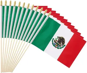 12 Pack Small 5X8 Inches Mexico Flags on Wood Stick, Polyester, High Quality, Water Proof