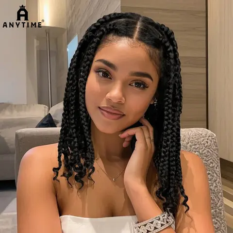 Women's Anytime Elegant Full Lace Synthetic Hair Wig - Knotless Box Braids with Curly Ends, 180% Density Handmade Heat Resistant, Braids Hairstyles, Versatile Styling, Protective Hairstyle for Black Women, Natural Look, Wig Accessories