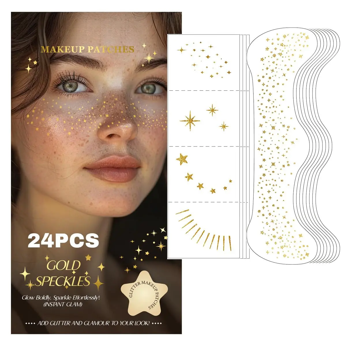 24 PCS Glamorous Gold Glitter Freckle & Star Temporary Face Tattoos - Waterproof, Long-Lasting, Easy-to-Apply Makeup Accessory for Halloween, New Year's, All Skin Types, Solid Fashion Multi-Pack