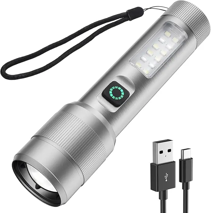 Rechargeable Flashlights High Lumens, G1000 Super Bright Flash Light Grey, Small Zoomable LED Flashlight with 3 Lighting Modes, Portable Tactical Flashlight for Camping Essentials (Battery Included)
